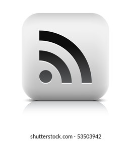 Stone internet web button RSS sign. White rounded square shape with shadow and reflection. White background