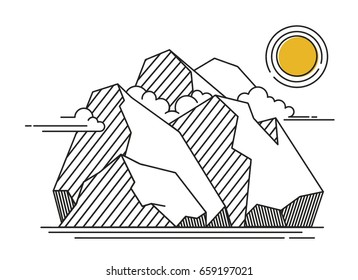 stone island with mountain, clouds and sun. Vector line illustration
