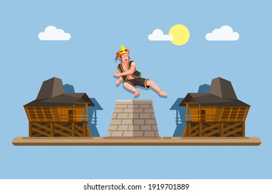 Stone Jumping or Hombo Batu was a virility ritual for boys in Nias Island Indonesia. boy jump over a 6 feet stone to prove his manhood concept in cartoon illustration vector