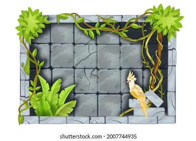 Stone jungle game frame, vector user interface rock background, cracked tiles, tropical bushes, parrot. Ancient nature sign board, UI window menu panel, rectangle boulder screen. Jungle frame, liana