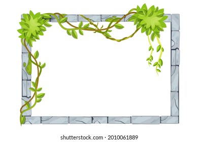 Stone jungle UI game frame, vector rock border, tropical leaf, vine, liana, ancient gray isolated brick. User interface window menu element, boulder border, ancient tile. Old cracked stone frame