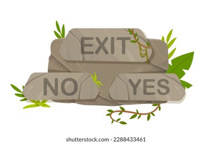 Stone jungles button or panel. Exit yes or no. Poster or banner for website. UI and UX design for page and interface for games and software. Cartoon flat vector illustration