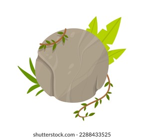 Stone jungles button or panel. Round slab and rock with foliage. Template, layout and mock up. Interface for mobile apps, programs and software. Cartoon flat vector illustration