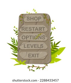 Stone jungles buttons. Interface element for games and mobile apps. Decoration and UI and UX design. Shop, restart, options, levels and exit. Cartoon flat vector illustration