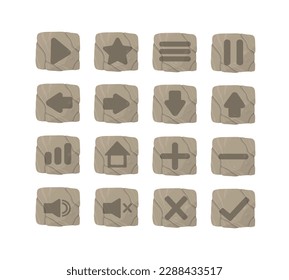 Stone jungles buttons set. Collection of icons for website, mobile applications and programs. Play and pause, stop, louder and quieter. Cartoon flat vector illustrations isolated on white background