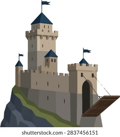 stone keep with raised drawbridge side profile facing right complete motif decorative vector illustration