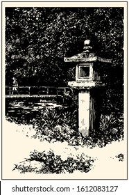 Stone lantern in the japanese garden. Black and white hand drawing with pen and ink. Engraving, etching, sketch style.