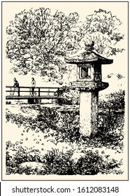 Stone lantern in the japanese garden. Black and white hand drawing with pen and ink. Engraving, etching, sketch style.
