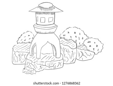 Stone lantern in the japanese garden. Vector illustration.