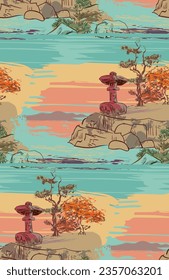 stone lantern sunset japanese chinese traditional vector illustration card background seamless pattern colorful watercolor ink textured