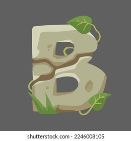 Stone letter B vector illustration. Medieval or stone age style font, letter as rocks with leaves and grass on gray background. Education, geology, jungle concept for game or UI