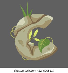 Stone letter C vector illustration. Medieval or stone age style font, letter as rocks with leaves and grass on gray background. Education, geology, jungle concept for game or UI