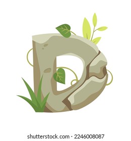 Stone letter D vector illustration. Medieval or stone age style font, letter as rocks with leaves and grass on white background. Education, geology, jungle concept for game or UI