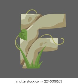 Stone letter F vector illustration. Medieval or stone age style font, letter as rocks with leaves and grass on gray background. Education, geology, jungle concept for game or UI