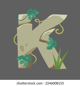 Stone letter K vector illustration. Medieval or stone age style font, letter as rocks with leaves and grass on gray background. Education, geology, jungle concept for game or UI