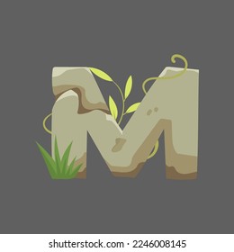 Stone letter M vector illustration. Medieval or stone age style font, letter as rocks with leaves and grass on gray background. Education, geology, jungle concept for game or UI