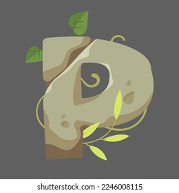 Ilustración vectorial de letra de piedra P. Tipo de letra medieval o estilo de piedra, letra como rocas con hojas y pasto sobre fondo gris. Educación, geología, concepto de jungla para el juego o la interfaz de usuario
