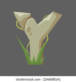 Stone letter Y vector illustration. Medieval or stone age style font, letter as rocks with leaves and grass on gray background. Education, geology, jungle concept for game or UI