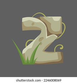 Ilustración vectorial Z de letra de piedra. Tipo de letra medieval o estilo de piedra, letra como rocas con hojas y pasto sobre fondo gris. Educación, geología, concepto de jungla para el juego o la interfaz de usuario