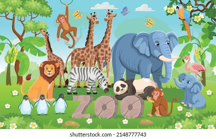 Stone letters zoo. Zoo animals set. Pandas, giraffes, elephants, zebras, elephants, penguins, monkeys, parrots, flamingos in cartoon style for kids.