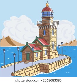 Stone lighthouse on a pier with lanterns against the backdrop of the sea and mountains