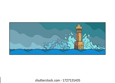 Stone lighthouse tower. Big sea waves beat against the rocks. Bad weather at sea.Flat minimal linework hand drawing  landscape panorama illustration.Pastel color vertical line logo.