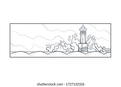 Torre del faro de piedra. Las grandes olas del mar golpean contra las rocas. Mal tiempo en el mar.Ilustración panorámica de la mano de la línea plana mínima.Logo vertical de contorno lineal negro.