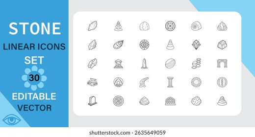 Conjunto de iconos lineales de piedra. Cristal, diamante, mármol, granito y más. Icono de Vector de contorno en estilo lineal. Trazo editable. Ilustración vectorial.