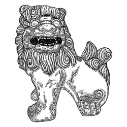 Stone Lion Of China Statue. Drawing Of Lion Guarding. Chinese Guardian Lion Believed To Have Powerful Mythic Protective Powers. Used In Imperial Palaces And Tombs, Government Offices, Temples. Vector