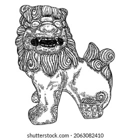 Stone lion of China statue. Drawing of lion guarding. Chinese guardian lion believed to have powerful mythic protective powers. Used in Imperial palaces and tombs, government offices, temples. Vector