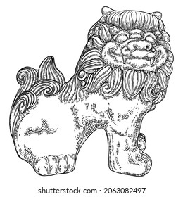 Stone lion of China statue. Drawing of lion guarding. Chinese guardian lion believed to have powerful mythic protective powers. Used in Imperial palaces and tombs, government offices, temples. Vector