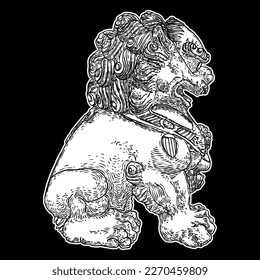 Estatua de león de piedra de China. Dibujo de una guardia de león. Se cree que el león guardián chino tiene potentes poderes de protección míticos. Usada en palacios y tumbas imperiales, oficinas gubernamentales, templos. Vector