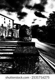 Stone lion, flanking the entrance to the Sanctuary of Covadonga.