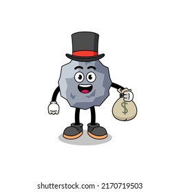 stone mascot illustration rich man holding a money sack , character design