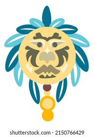 Stone mask, isolated idol or totem, ancient polynesian artwork. Face of character with feathers and ornaments, granite or rock. Aztec or may, jungle decoration cartoons. Vector in flat style