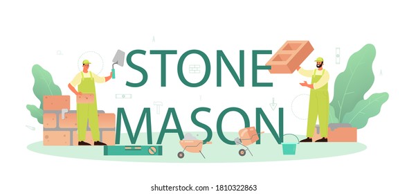 Stone Mason typografische Header. Professioneller Bauer baut eine Ziegelwand mit Werkzeugen und Materialien. Prozess des Hausbaus. Einzelne flache Vektorgrafik