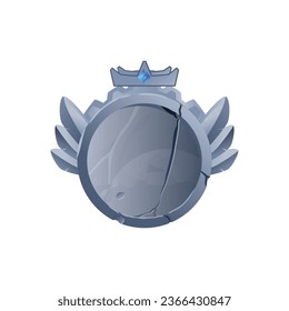 Stone medal, round award badge with gem, crown and wings vector illustration. Rock banner with cracked, level achievement frame for user interface, slots, game development, gray design element.