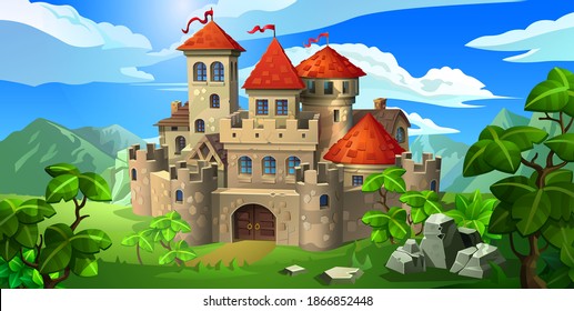 A stone medieval castle among green hills. Castle with defensive towers and walls.