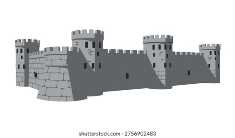 A stone medieval castle wall featuring crenellated battlements and imposing towers, representing historical defense architecture.