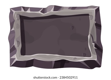 Panel de menú de piedra, marco de roca en estilo de historieta de dibujos animados texturados aislados en fondo blanco. Placa vacía, plantilla de interfaz.