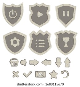 Menú de piedra escudos para el juego. Iconos de piedra de caricatura para nuestro juego. Botones de piedra.  Conjunto de imágenes vectoriales aisladas en un fondo blanco.