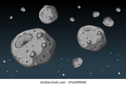 A lot of stone meteorite in the galaxy background illustration