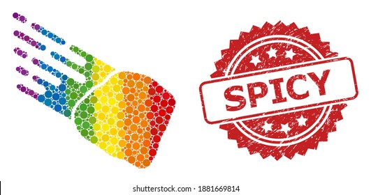 Stone meteorite mosaic icon of filled circle elements in various sizes and spectrum color tones, and Spicy grunge rosette stamp seal. A dotted LGBT-colored Stone meteorite for lesbians, gays,