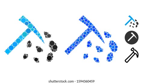 Stone mining hammer mosaic of small circles in variable sizes and color hues, based on stone mining hammer icon. Vector small circles are organized into blue mosaic.