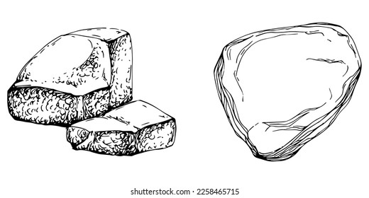 Stone Monochrome sketch vector. Gravel And Pebble. Natural Rocky Slate Lump Engraving Template Hand Drawn In Retro Style Black And White Illustration