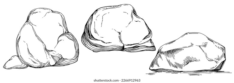 Stone Monochrome sketch vector. Gravel And Pebble. Natural Rocky Slate Lump Engraving Template Hand Drawn In Retro Style Black And White Illustration