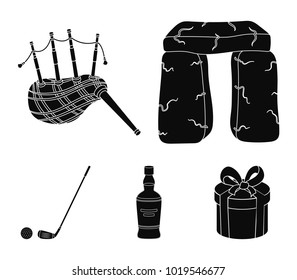 Stone monument, bagpipe, whiskey, golf. Scotland country set collection icons in black style vector symbol stock illustration web.