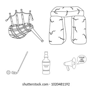 Stone monument, bagpipe, whiskey, golf. Scotland country set collection icons in outline style vector symbol stock illustration web.