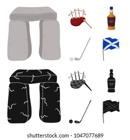 Stone monument, bagpipe, whiskey, golf. Scotland country set collection icons in cartoon,black style vector symbol stock illustration web.