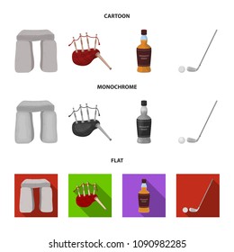 Stone monument, bagpipe, whiskey, golf. Scotland country set collection icons in cartoon,flat,monochrome style vector symbol stock illustration web.